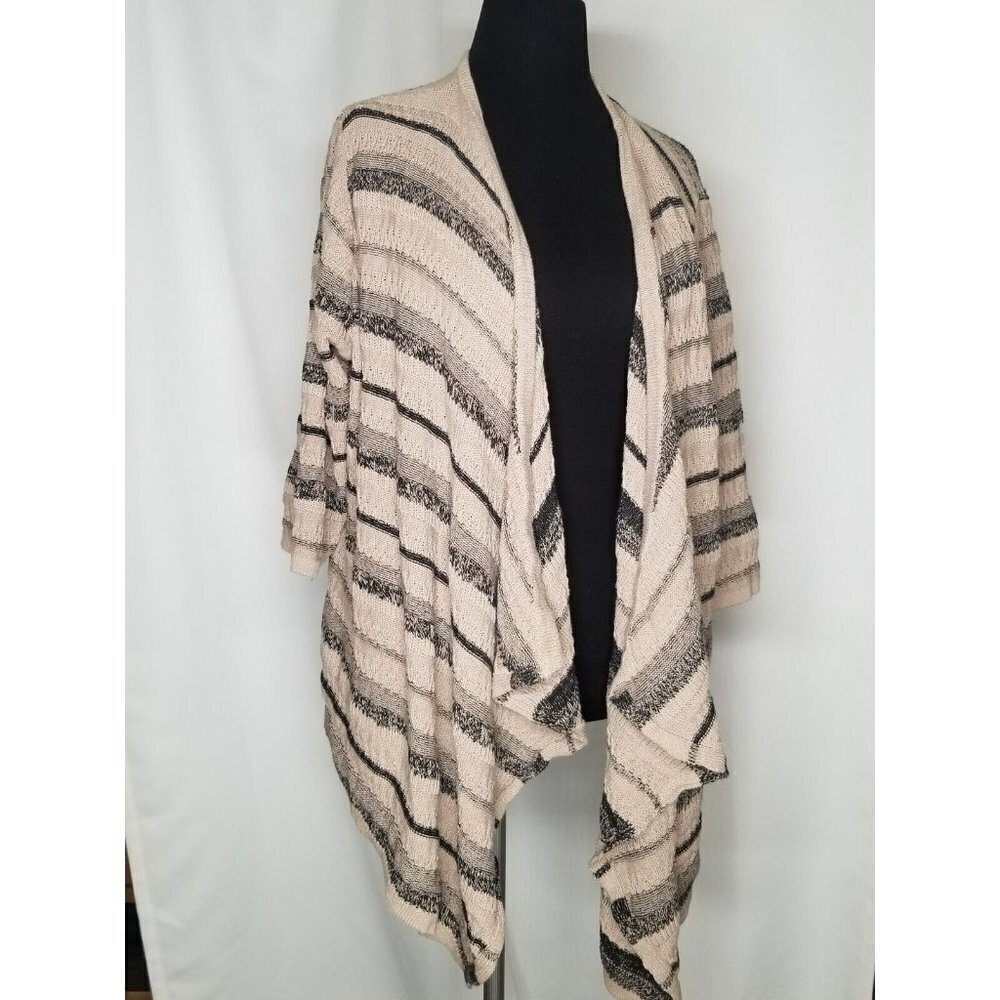 Catherines Size 2X Tan Black Striped‎ Cascade 3/4 Sleeve Open Front Cardigan
